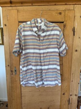 Ezekiel striped button down short sleeve. Large rust, blue, whit, yellow